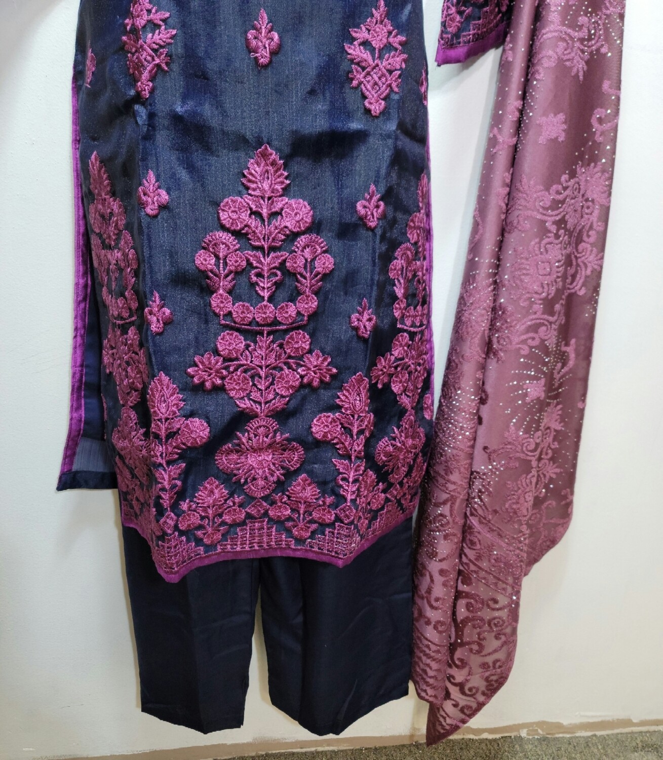 Navy Blue Embroidered Organza Party Wear