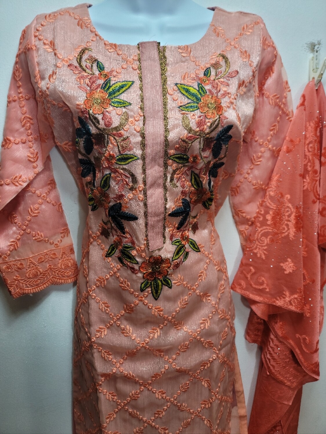 Peach Embroidered Organza Party Wear
