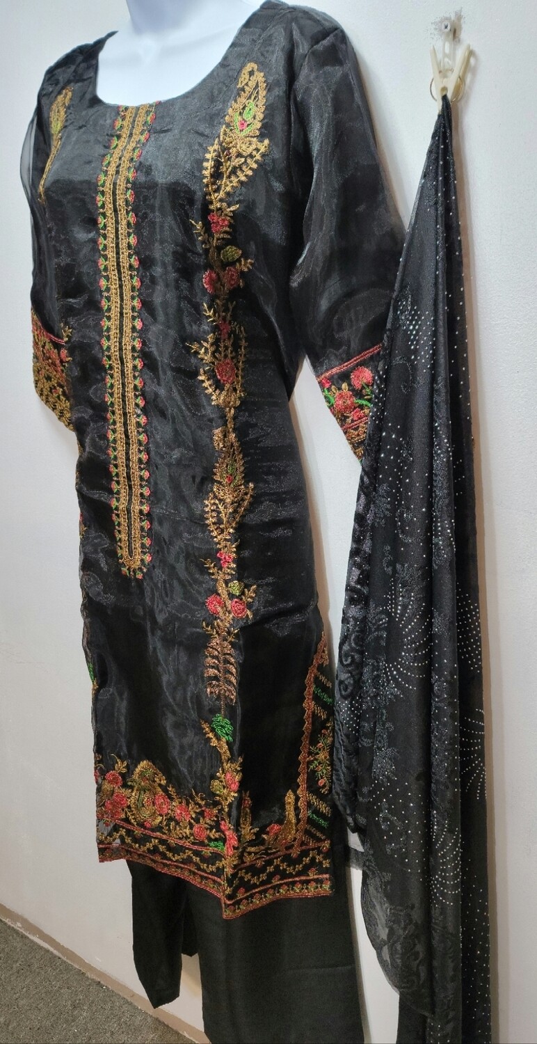 Black Embroidered Organza Party Wear