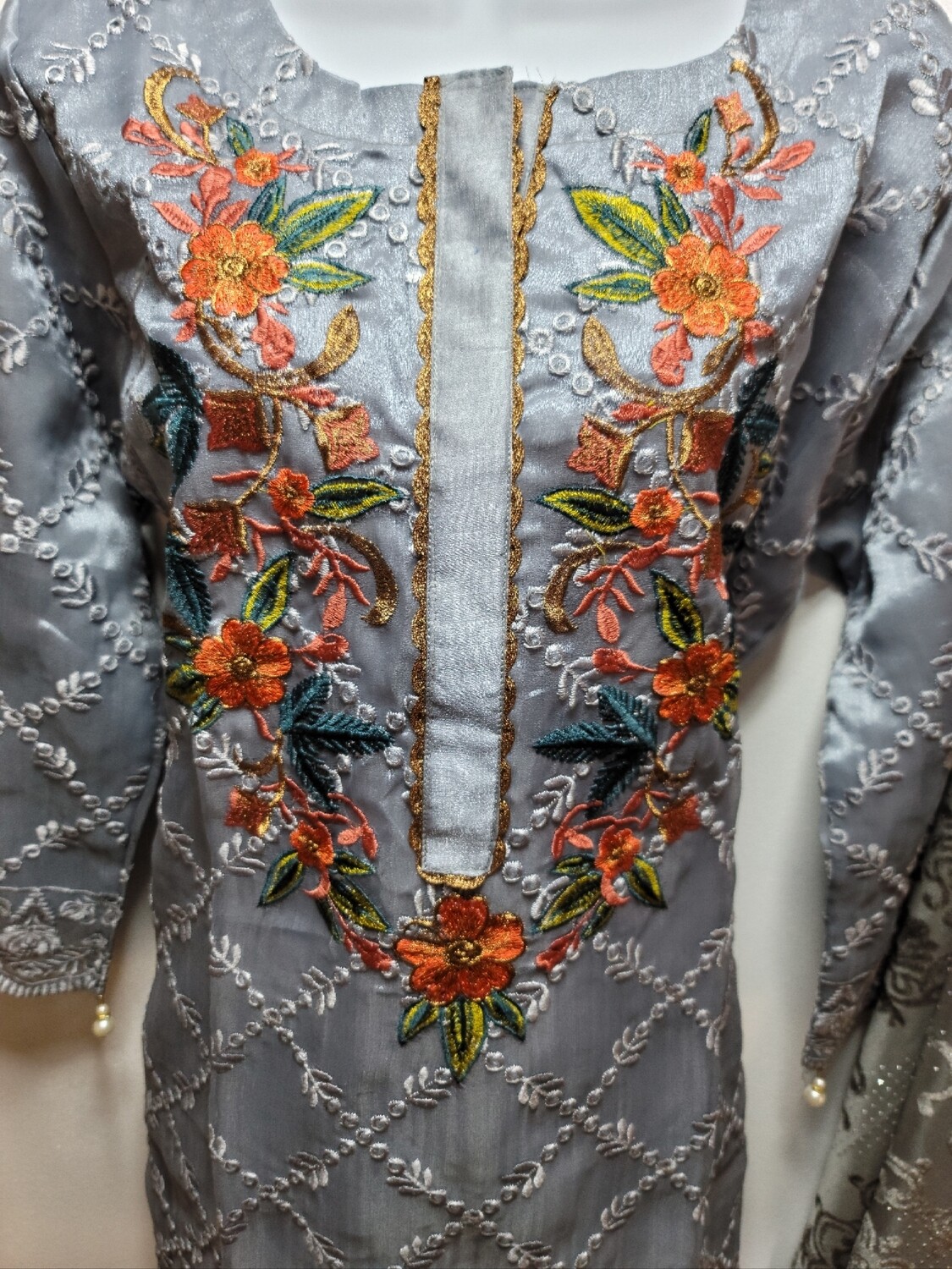 Grey Embroidered Organza Party Wear