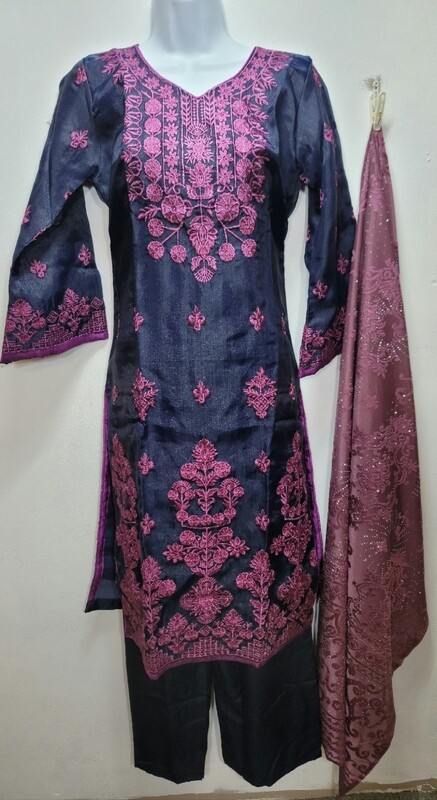 Navy Blue Embroidered Organza Party Wear