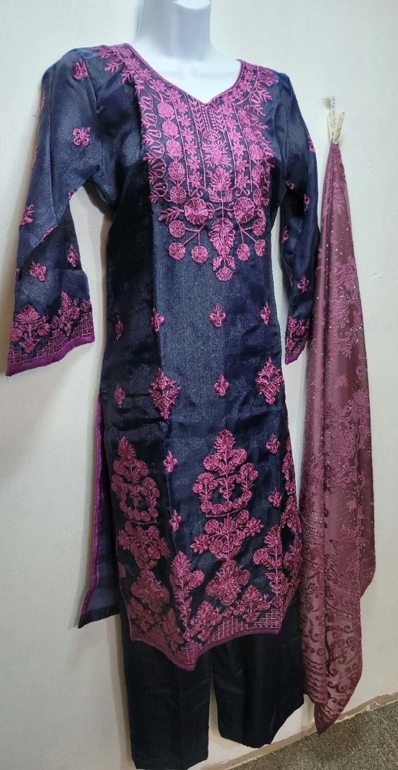 Navy Blue Embroidered Organza Party Wear