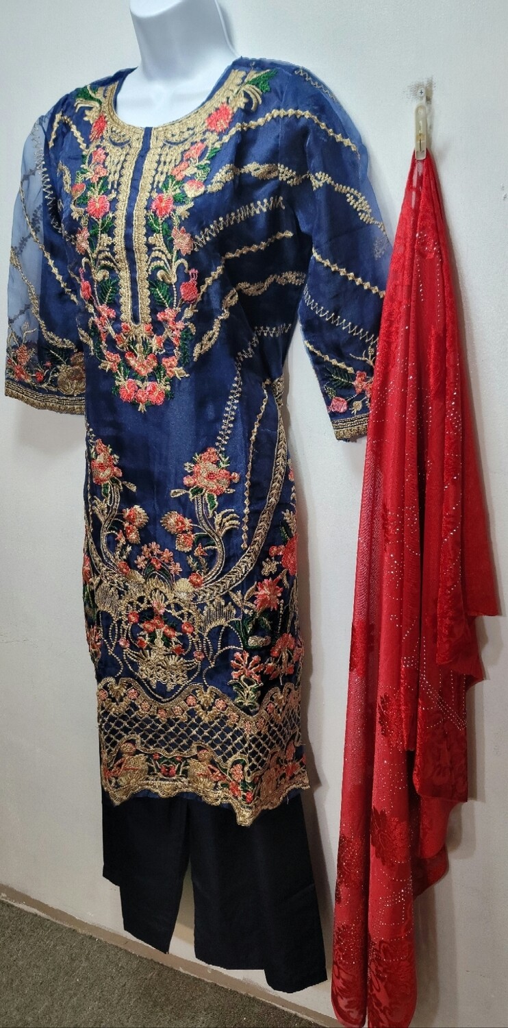 Blue Embroidered Organza Party Wear