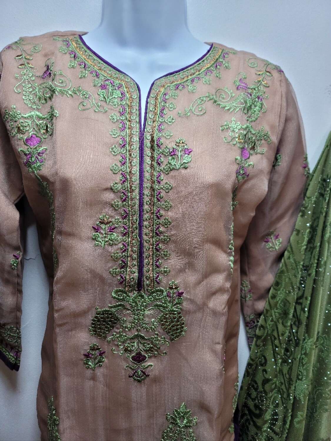 Coffee Embroidered Organza Party Wear