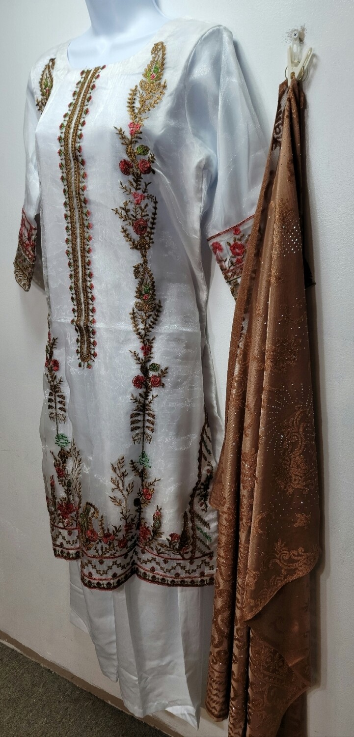 White Embroidered Organza Party Wear