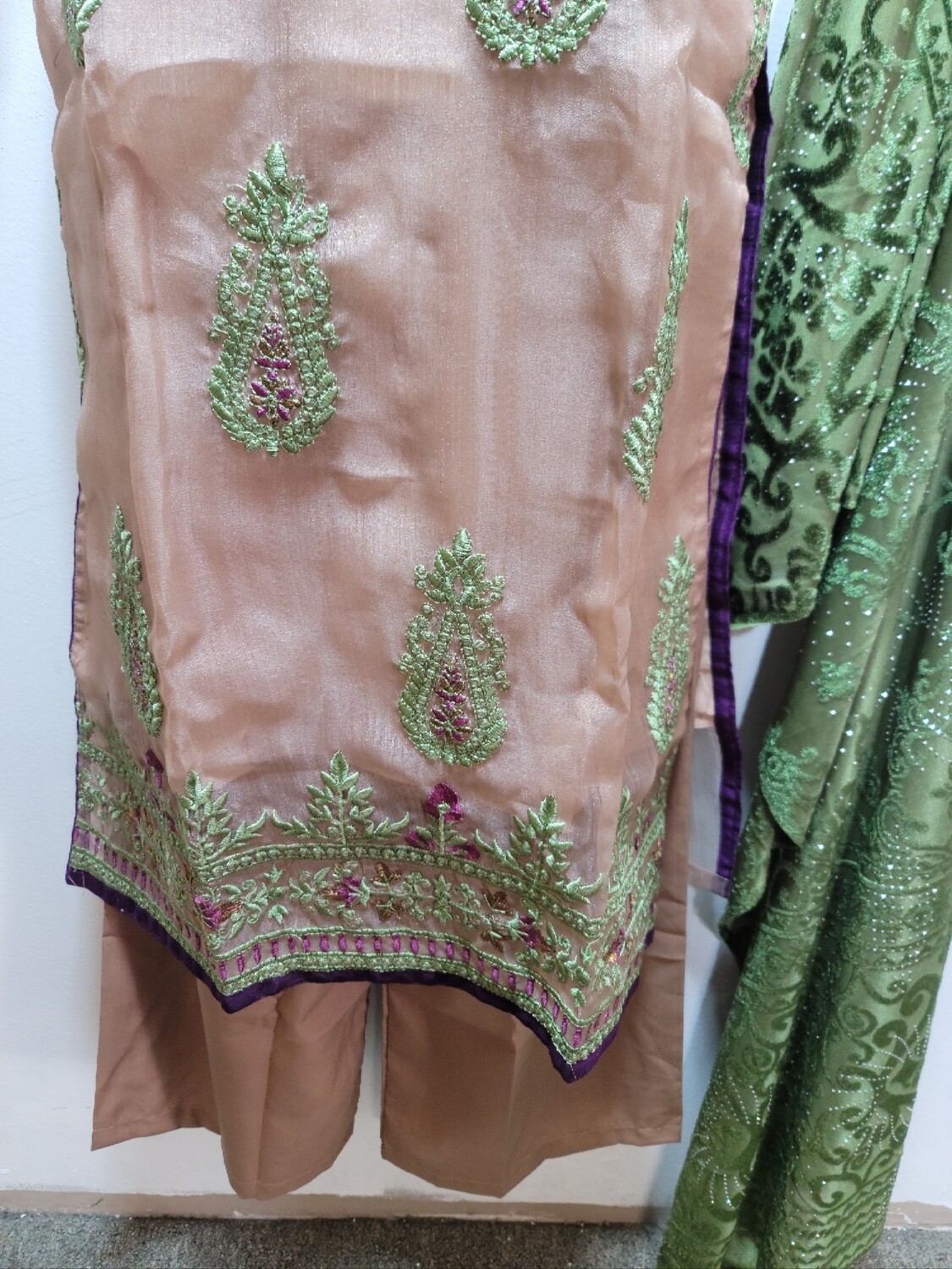 Coffee Embroidered Organza Party Wear