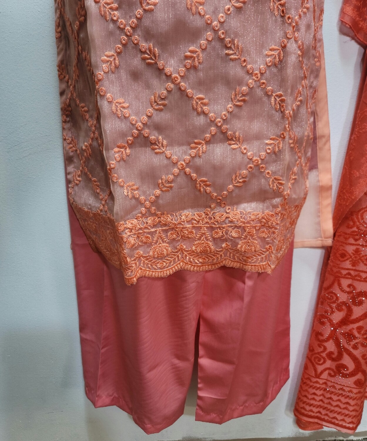Peach Embroidered Organza Party Wear