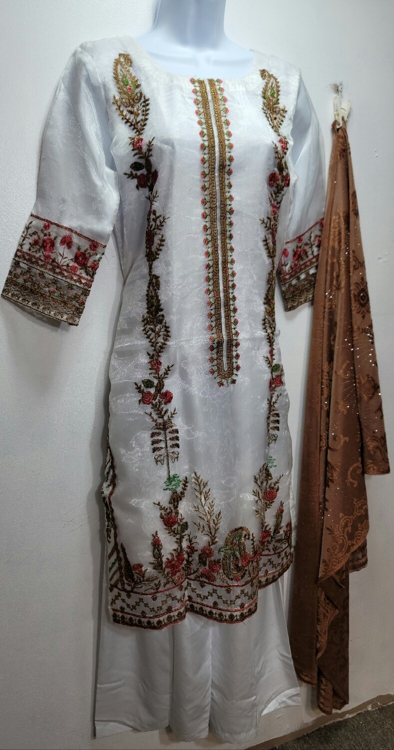 White Embroidered Organza Party Wear