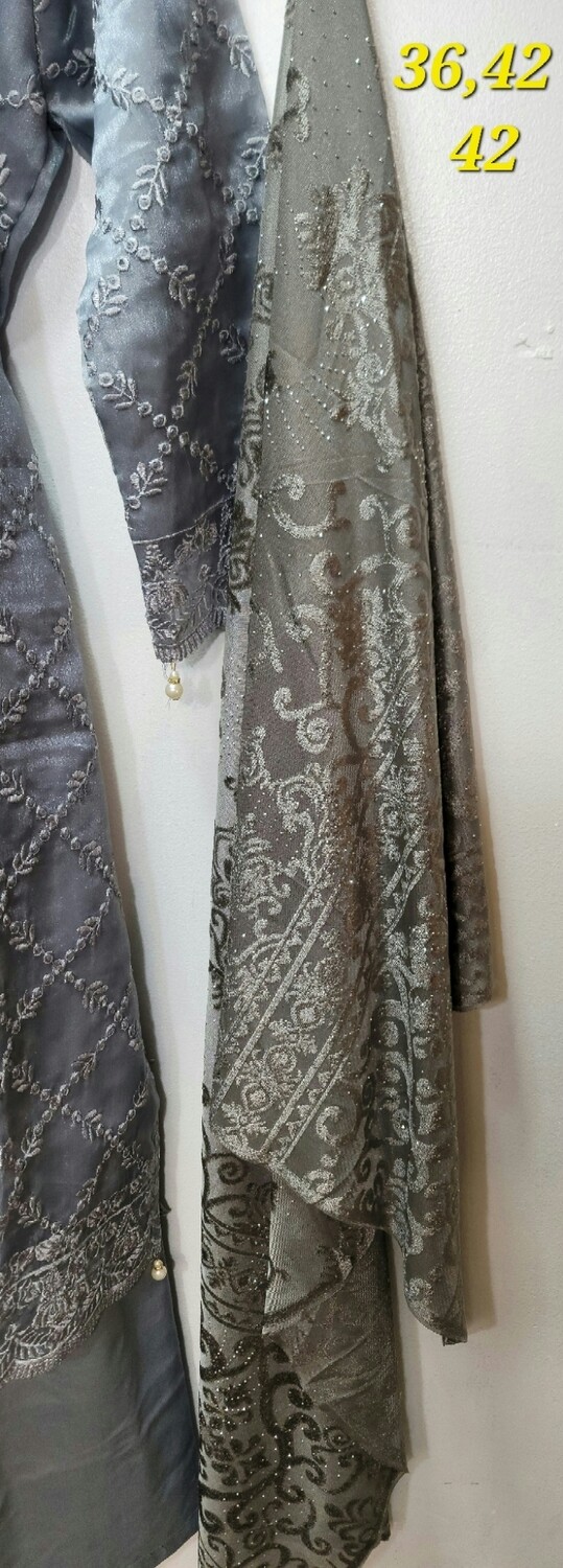 Grey Embroidered Organza Party Wear