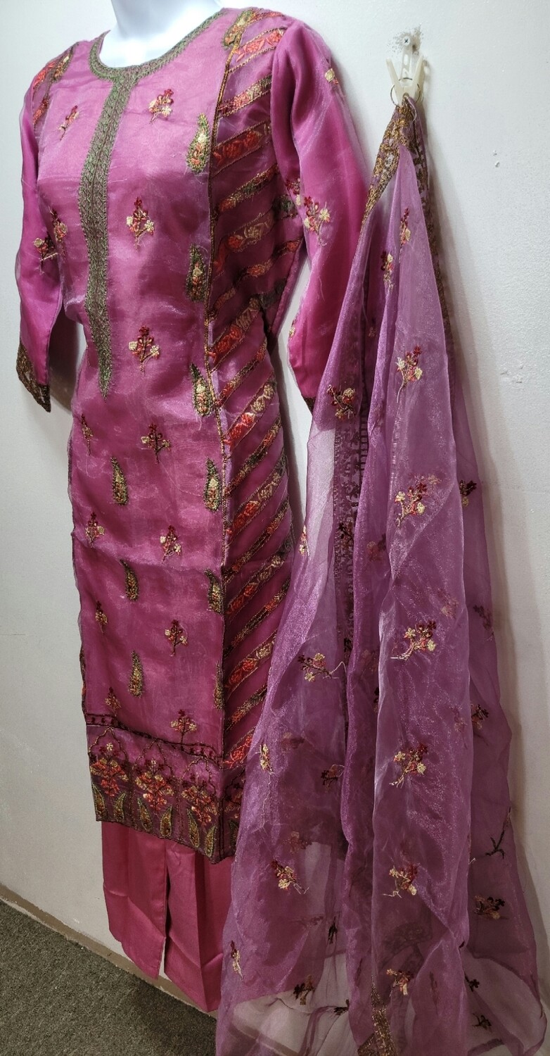 Magenta Embroidered Organza Party Wear
