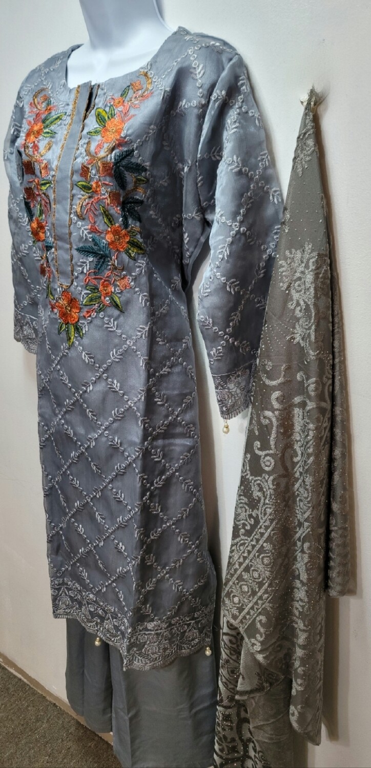 Grey Embroidered Organza Party Wear