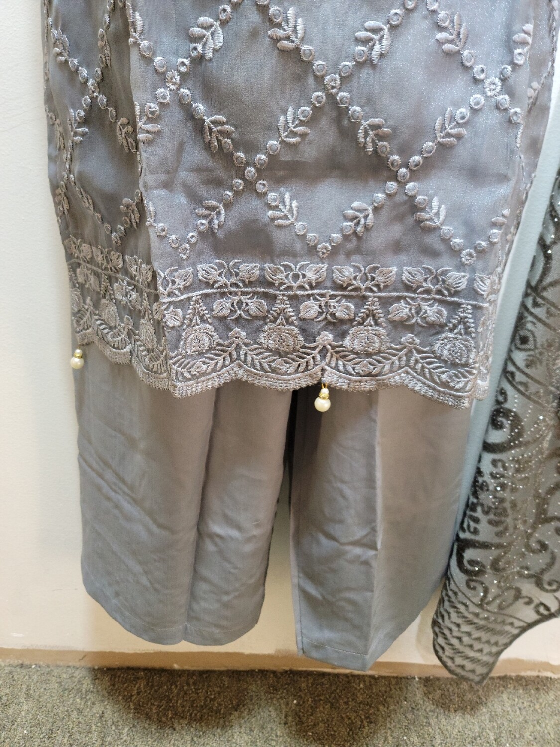 Grey Embroidered Organza Party Wear