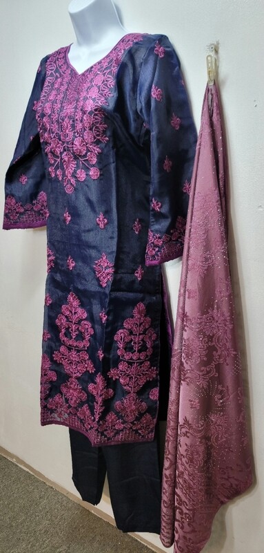 Navy Blue Embroidered Organza Party Wear
