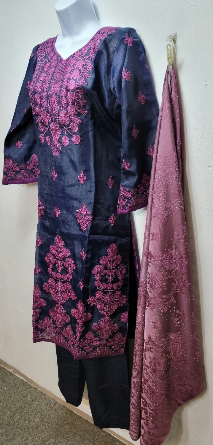 Navy Blue Embroidered Organza Party Wear