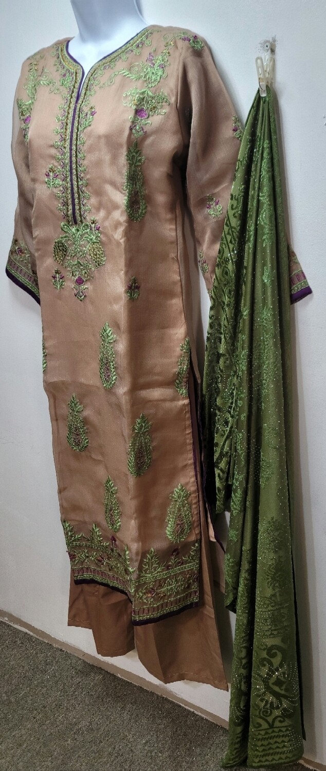 Coffee Embroidered Organza Party Wear