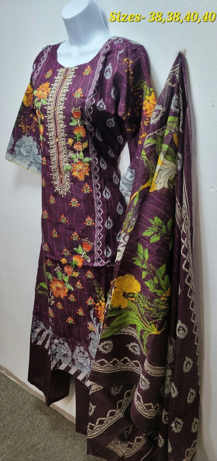 Purple- Pakistani Embroidered Cotton Suit
