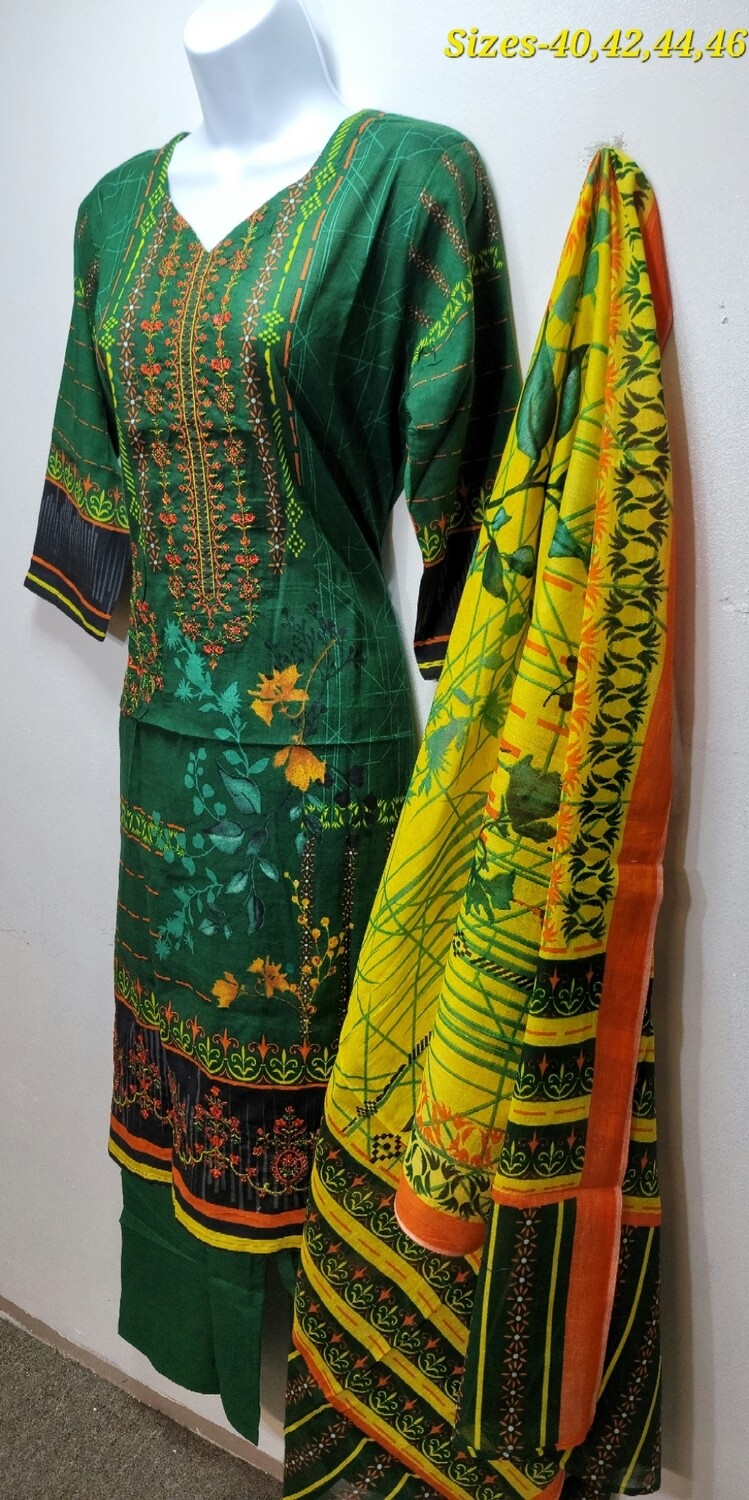 Green- Embroidered Pakistani Cotton Suit