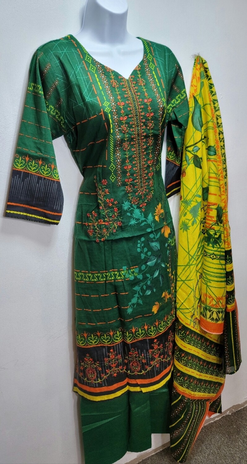 Green- Embroidered Pakistani Cotton Suit