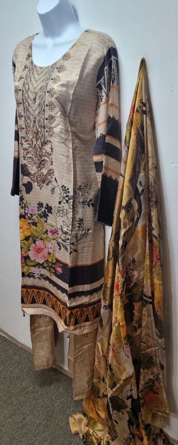 Beige Embroidered Kamiz with Chiffon Banarsi Printed Dupatta