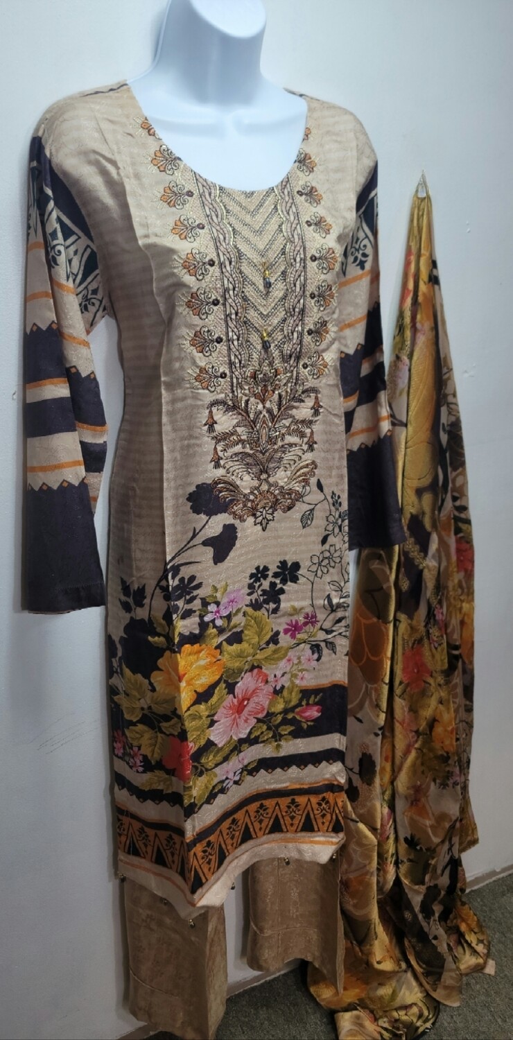 Beige Embroidered Kamiz with Chiffon Banarsi Printed Dupatta