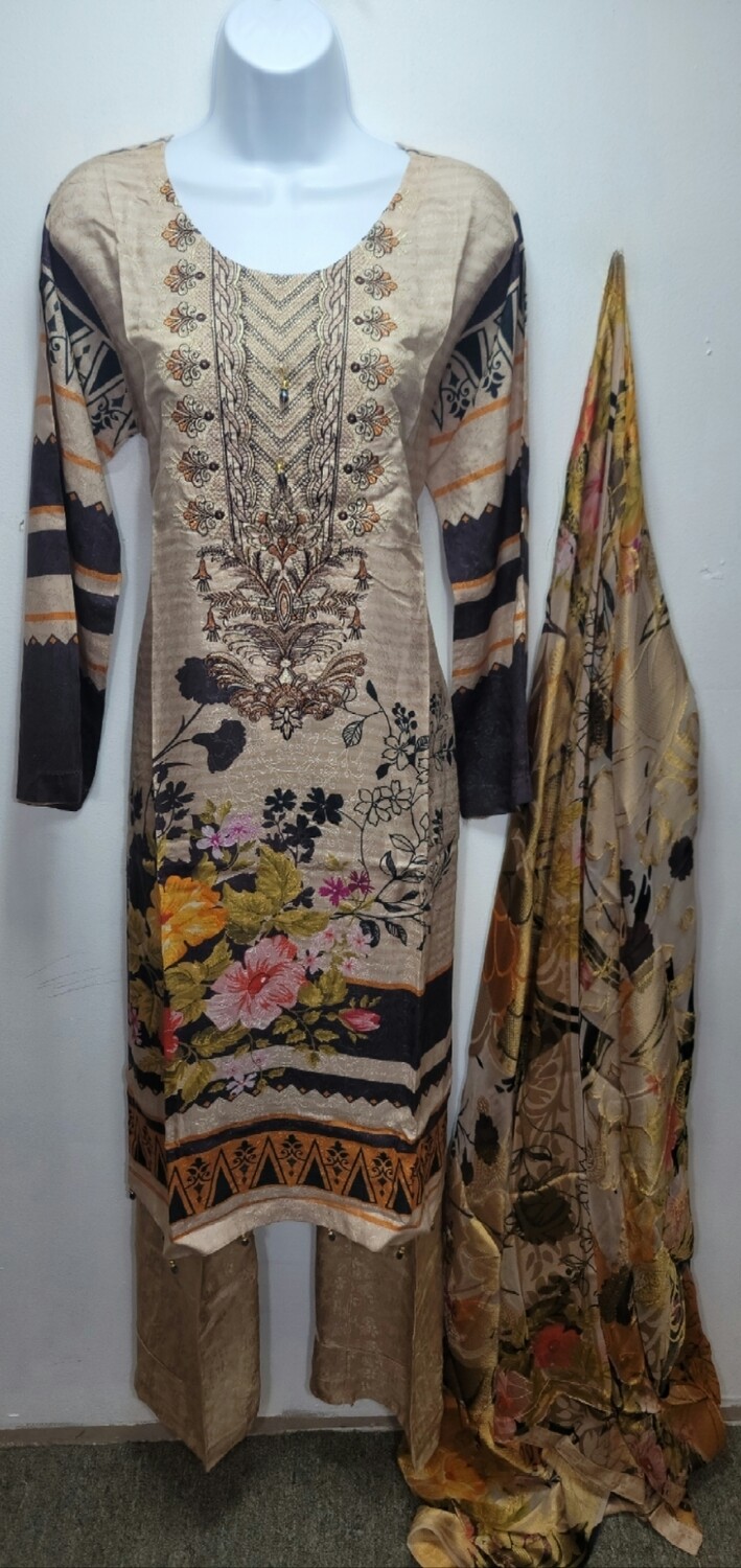 Beige Embroidered Kamiz with Chiffon Banarsi Printed Dupatta