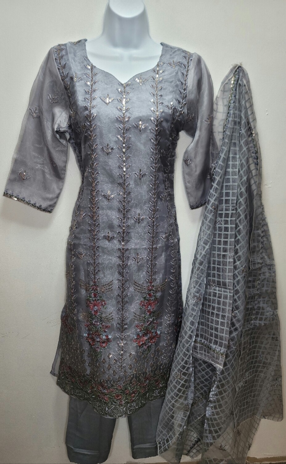 Grey Embroidered Organza Party Wear