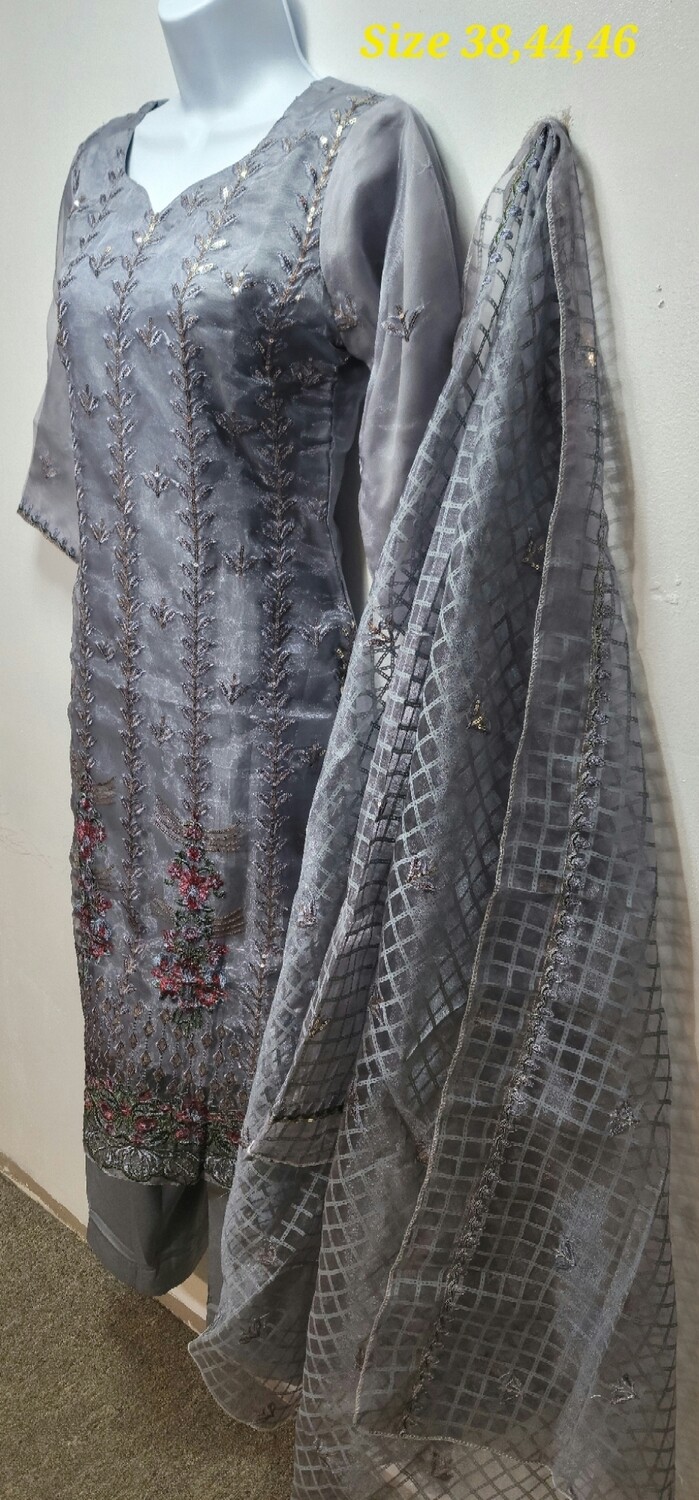 Grey Embroidered Organza Party Wear