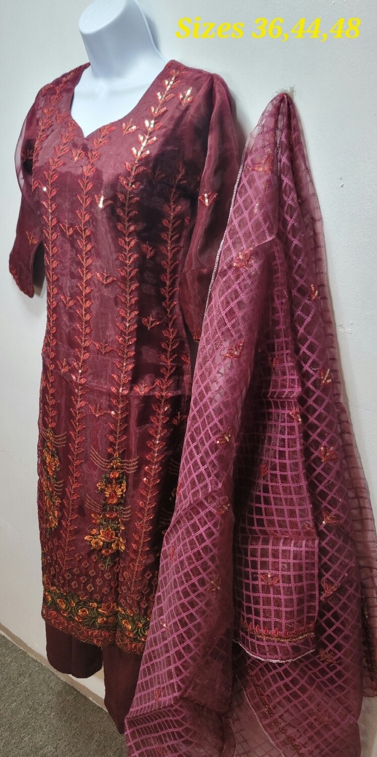 Maroon Embroidered Organza Party Wear