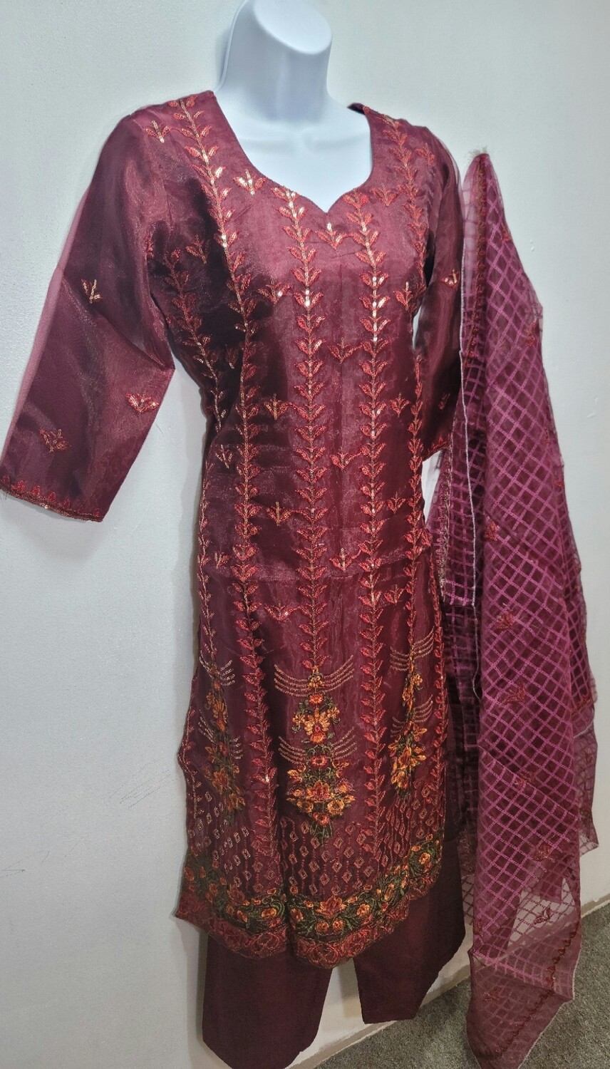 Maroon Embroidered Organza Party Wear