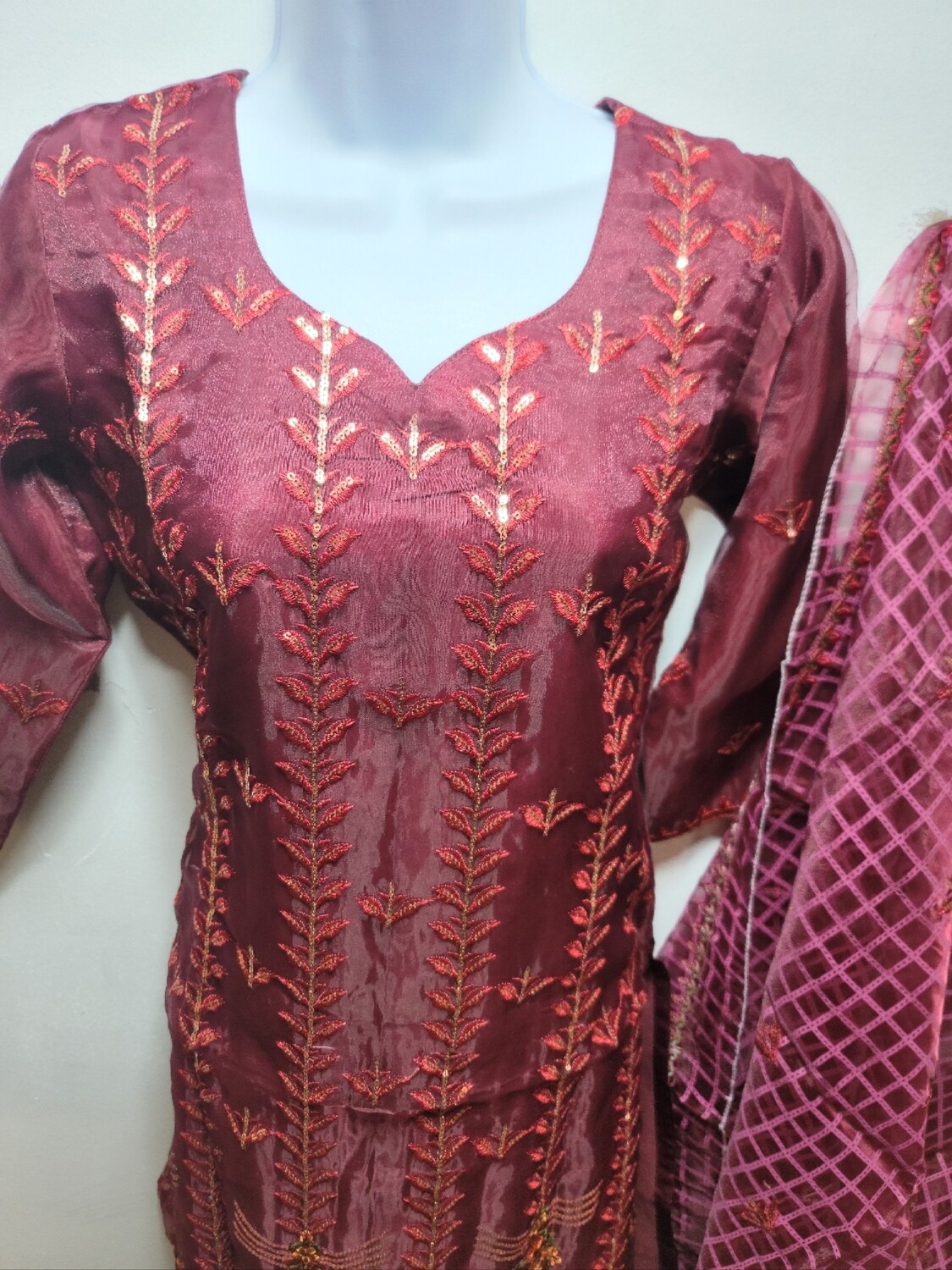 Maroon Embroidered Organza Party Wear