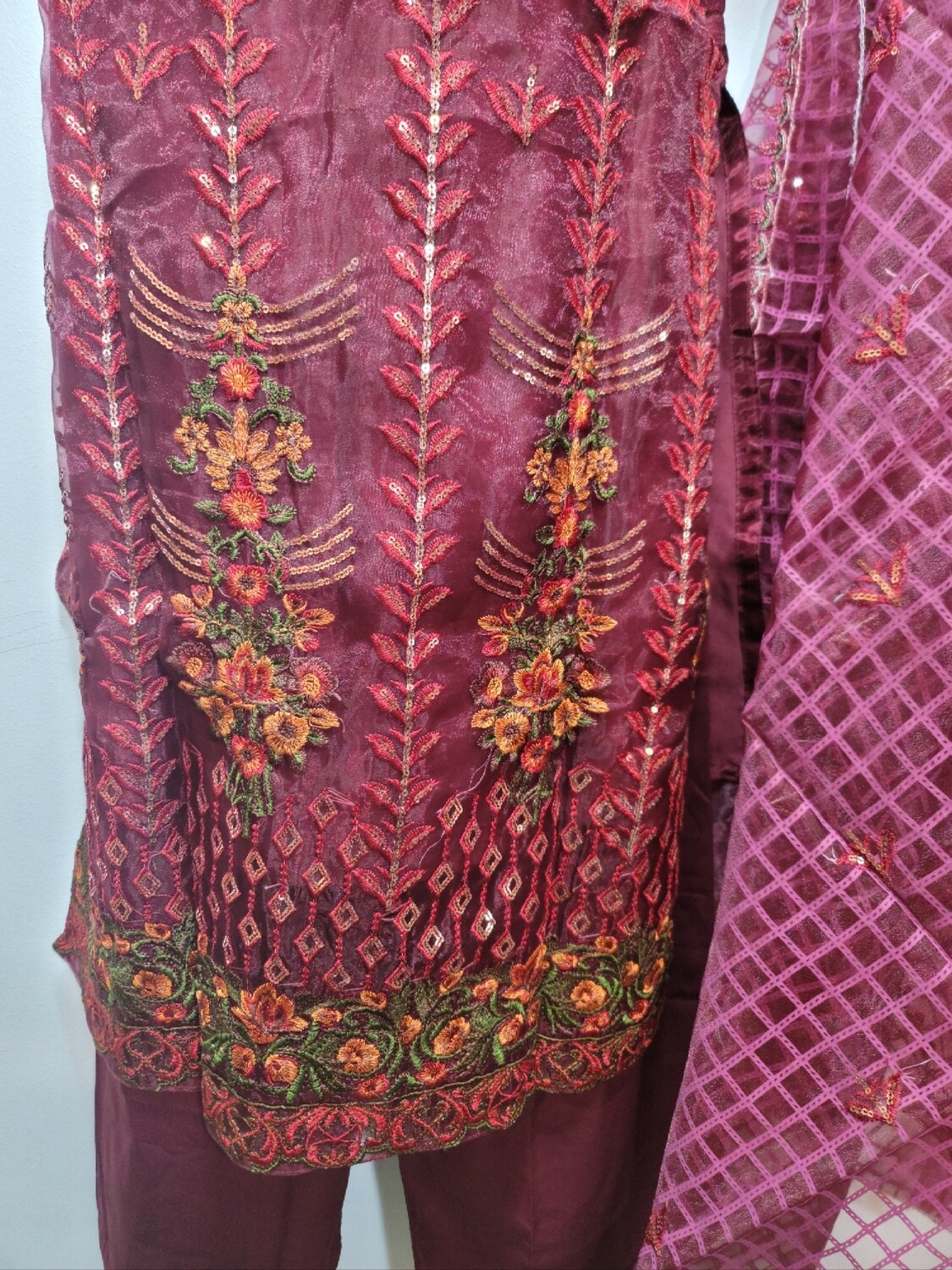 Maroon Embroidered Organza Party Wear