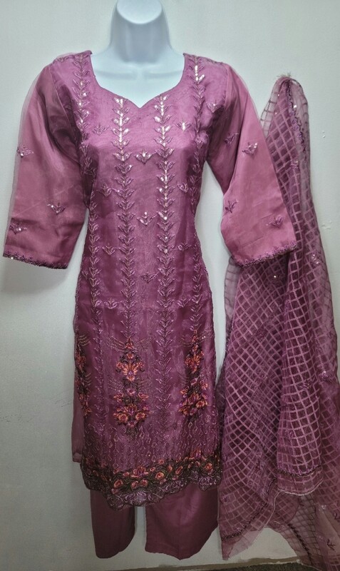 Lavender Embroidered Organza Party Wear