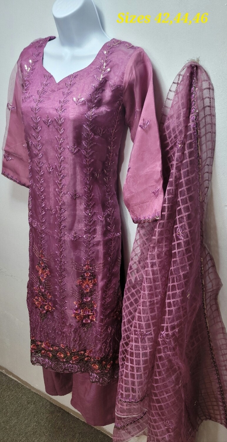 Lavender Embroidered Organza Party Wear
