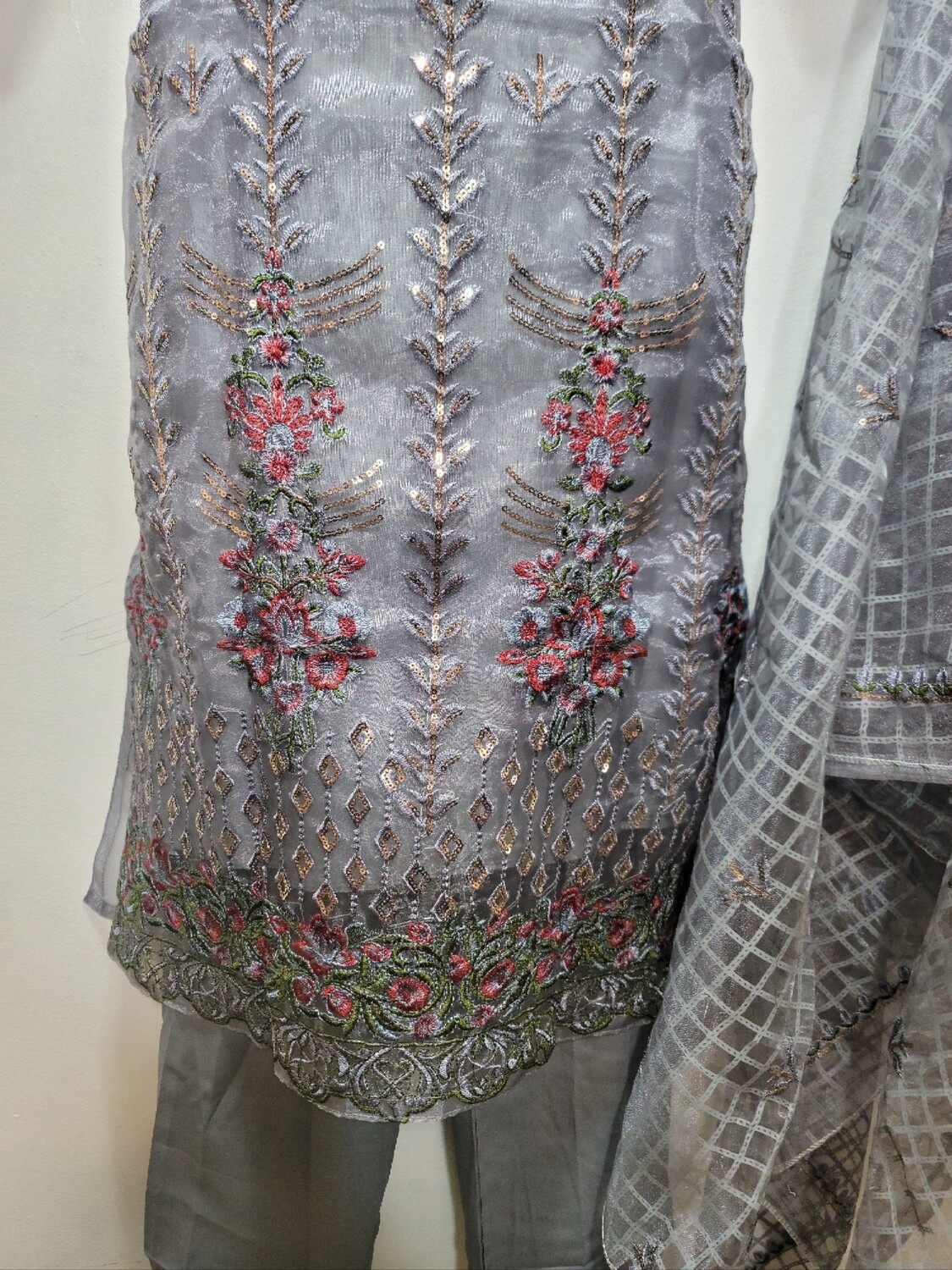 Grey Embroidered Organza Party Wear