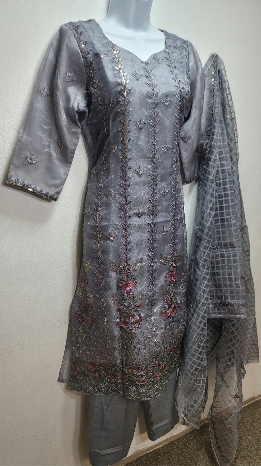 Grey Embroidered Organza Party Wear