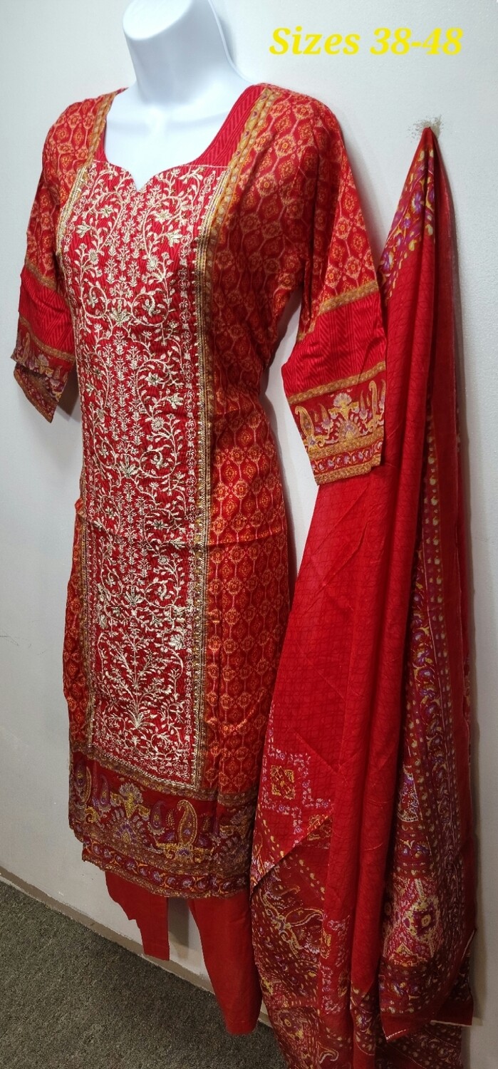 Red- Embroidered Pakistani Cotton Suit