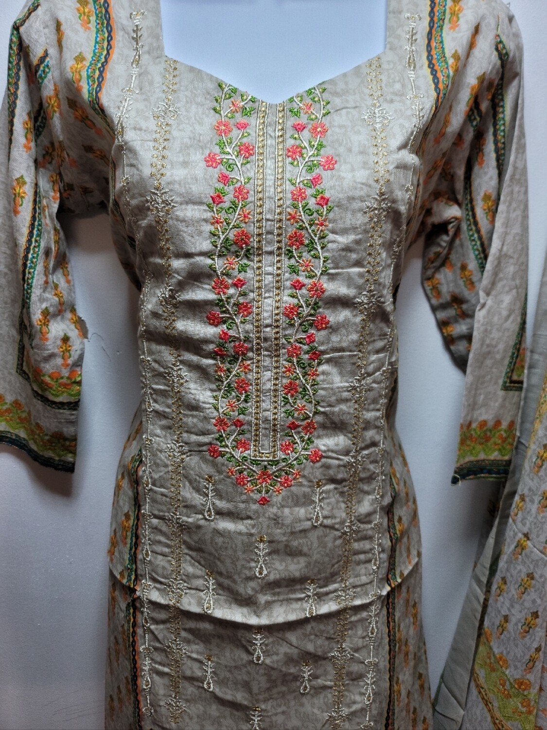 Beige- Embroidered Pakistani Cotton Suit
