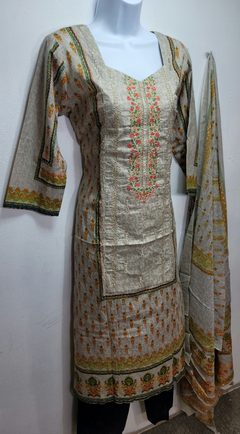 Beige- Embroidered Pakistani Cotton Suit
