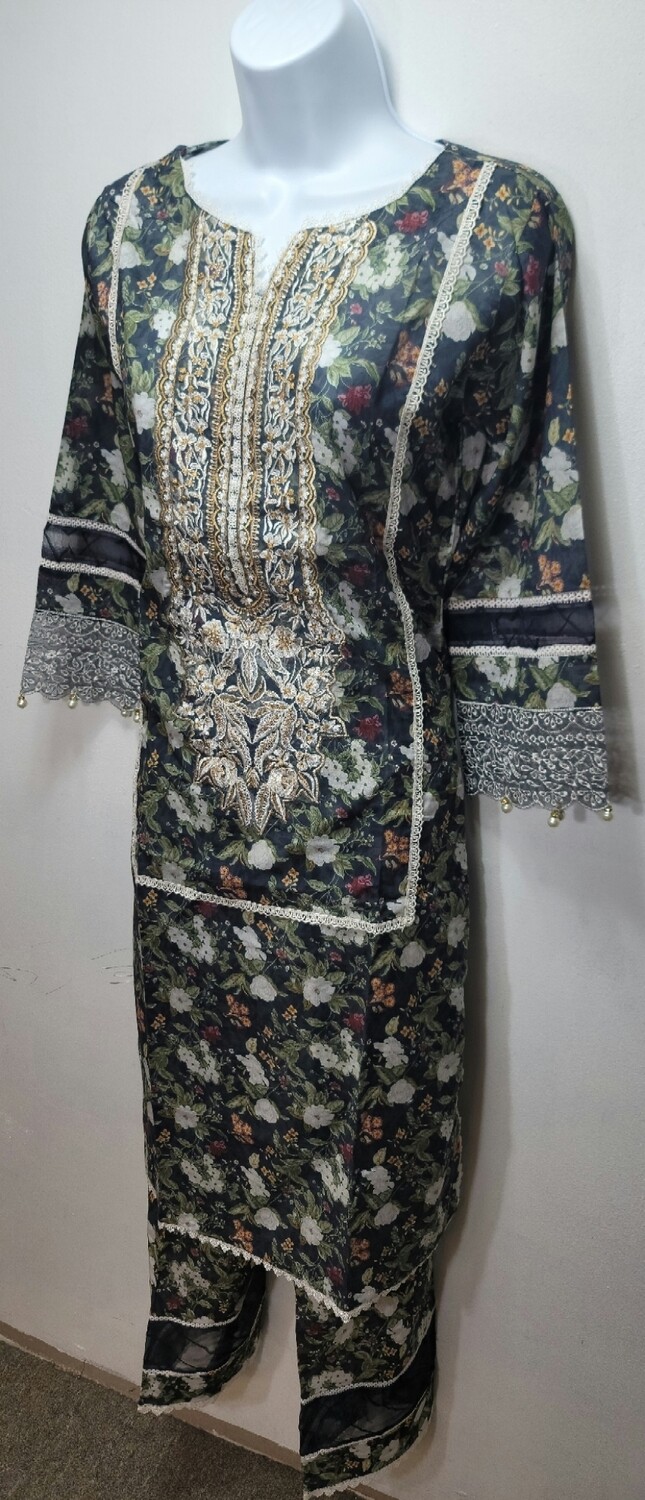 Black- Pakistani Flora Embroidered Two Piece Lawn Suit