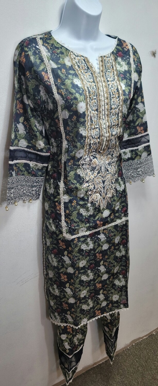 Black- Pakistani Flora Embroidered Two Piece Lawn Suit