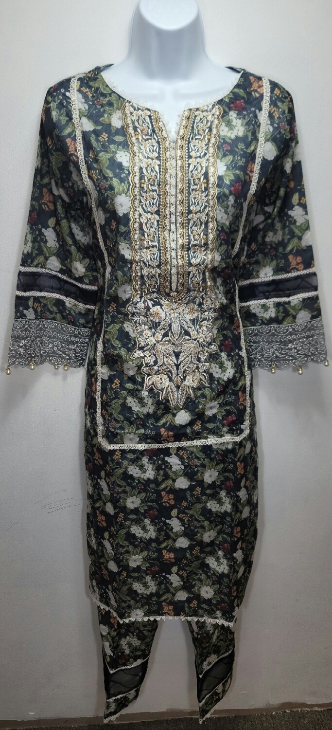 Black- Pakistani Flora Embroidered Two Piece Lawn Suit