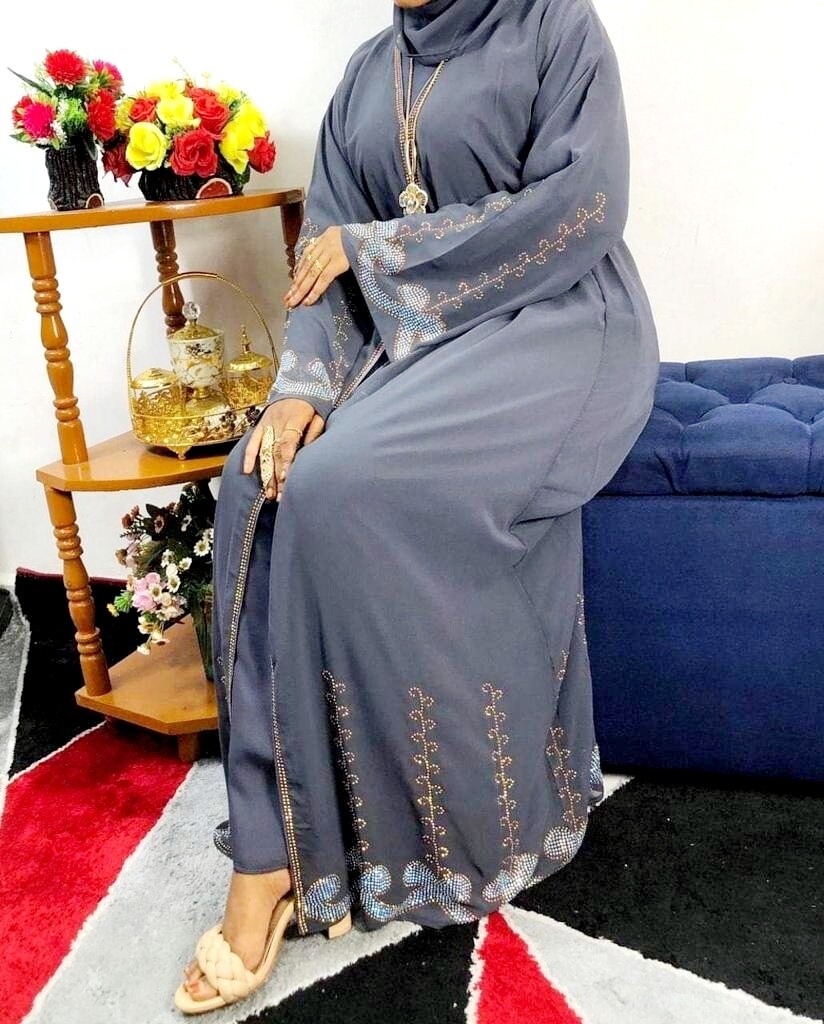 Gray Rhinestone Modest Dubai Abaya