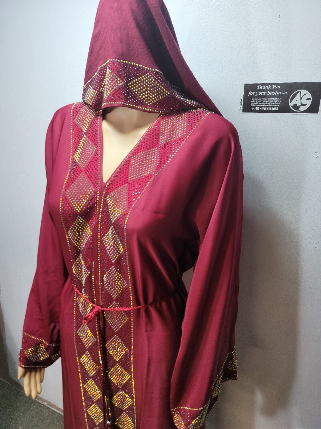 Maroon Rhinestone Modest Dubai Abaya