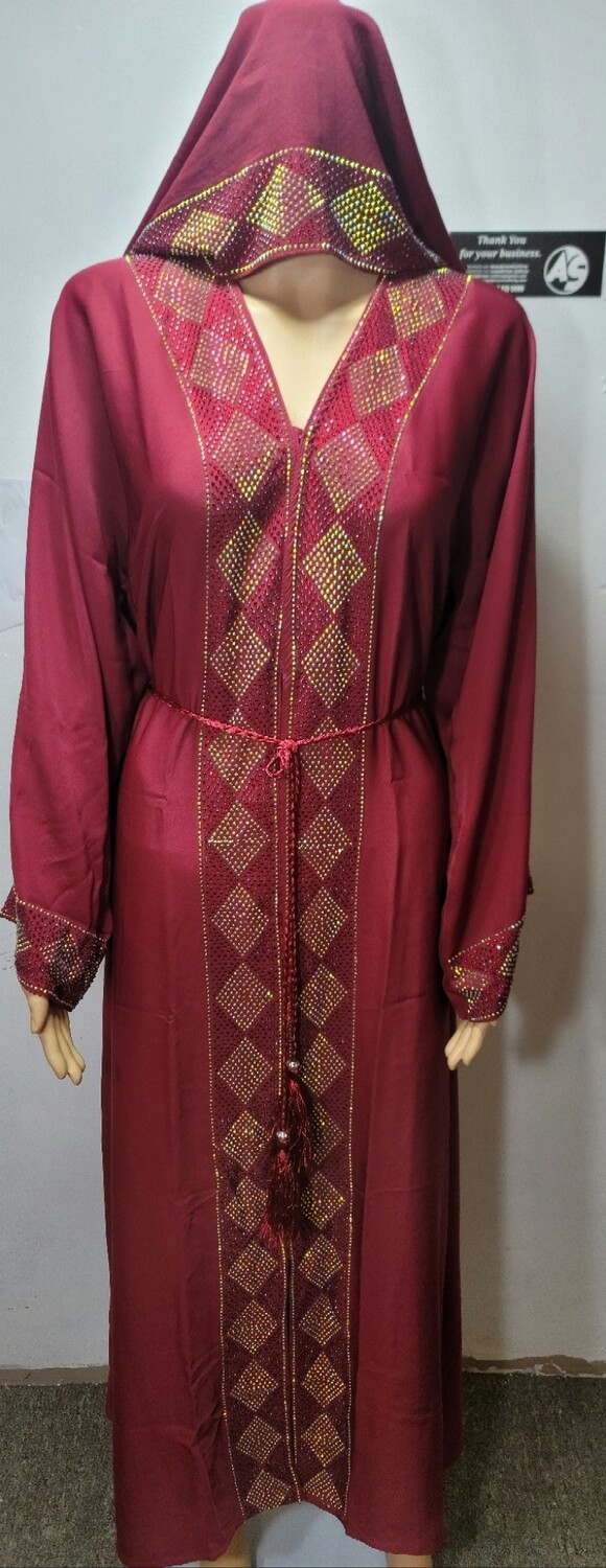 Maroon Rhinestone Modest Dubai Abaya