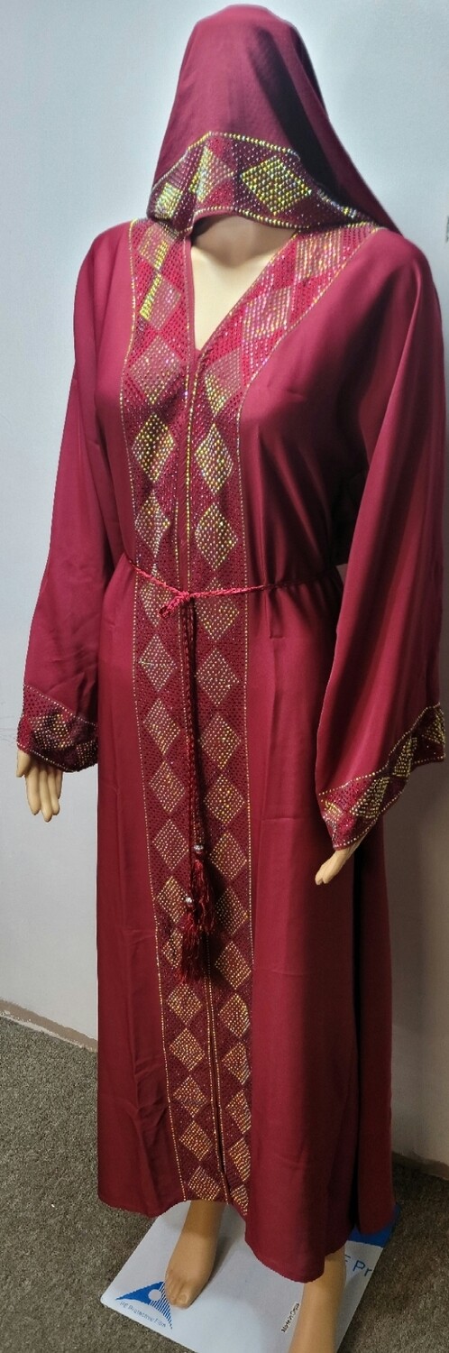 Maroon Rhinestone Modest Dubai Abaya