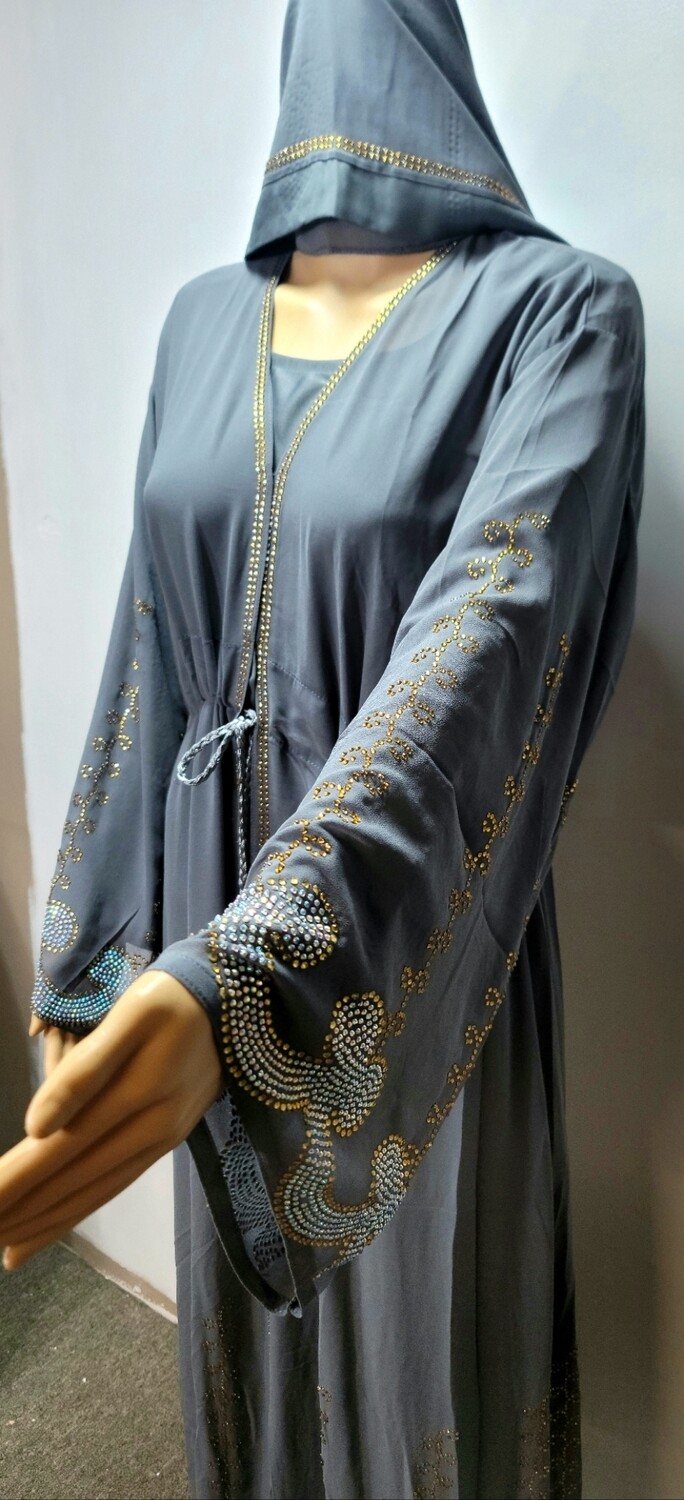 Gray Rhinestone Modest Dubai Abaya