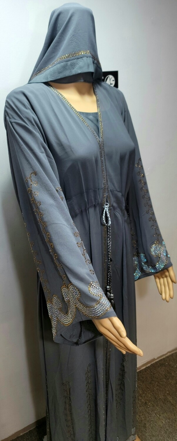 Gray Rhinestone Modest Dubai Abaya