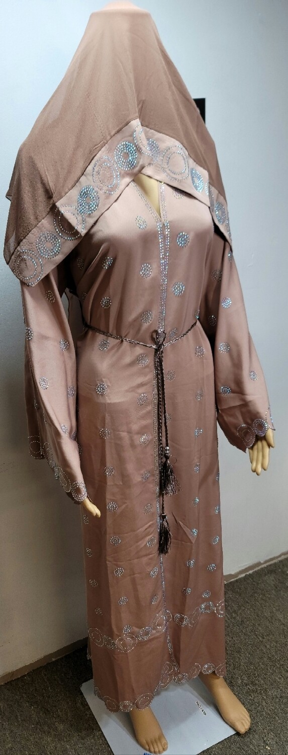Beige Silver Rhinestone Modest Dubai Abaya
