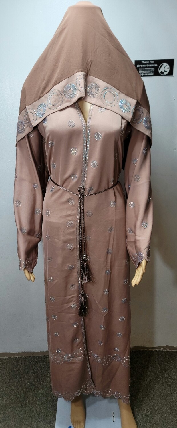 Beige Silver Rhinestone Modest Dubai Abaya