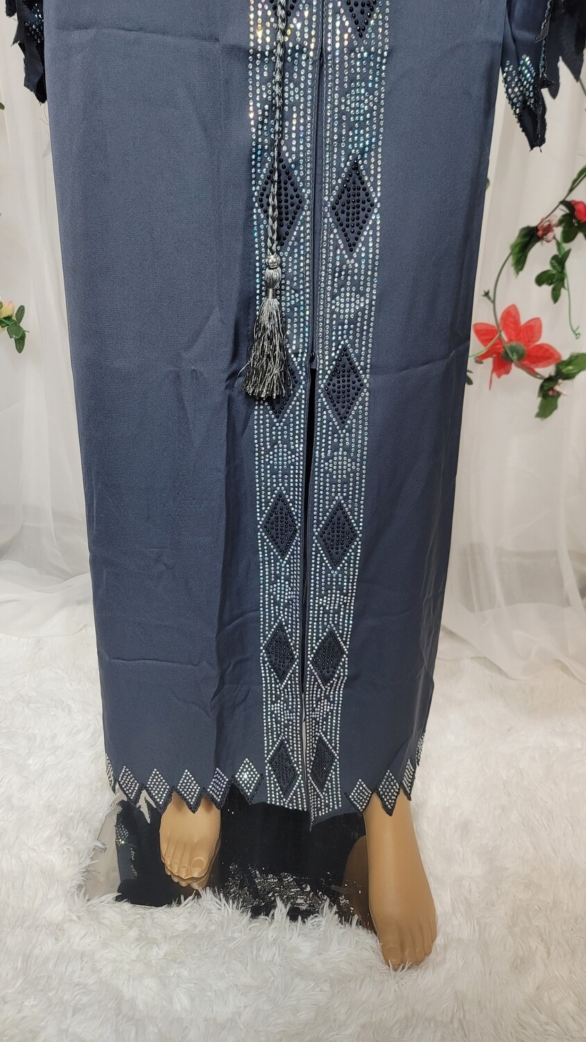 Gray Rhinestone Cutwork Modest Dubai Abaya